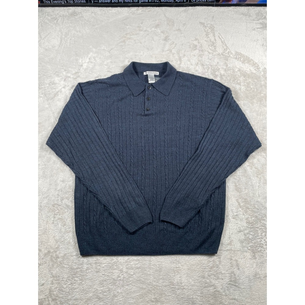 Geoffrey Beene Mens Blue Marled Ribbed Knit Polo Sweater NWT Large Extra Soft